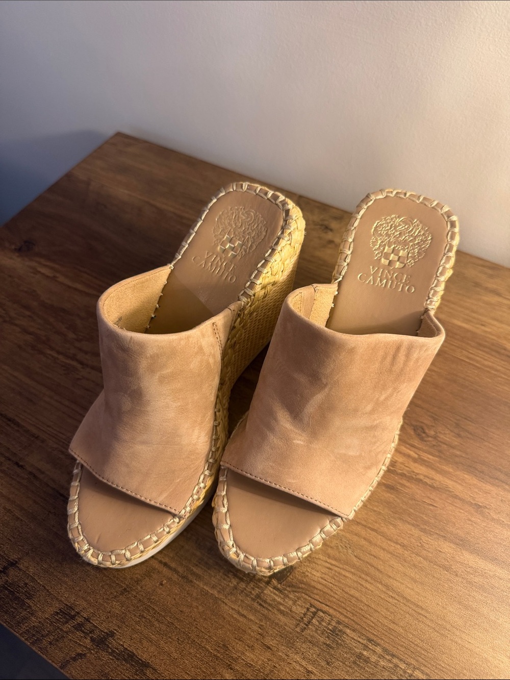 Vince Camuto Beige/Tan Suede Espadrille Wedge Slides